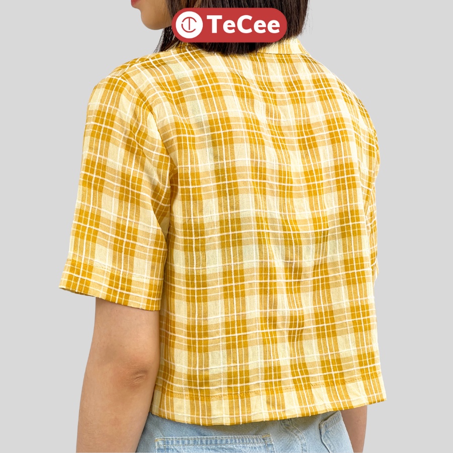 Áo vest nữ croptop hè TeCee áo sơ mi tay ngắn cổ vest kẻ caro dáng suông phối khuy vintage phong cách Hàn Quốc  A15