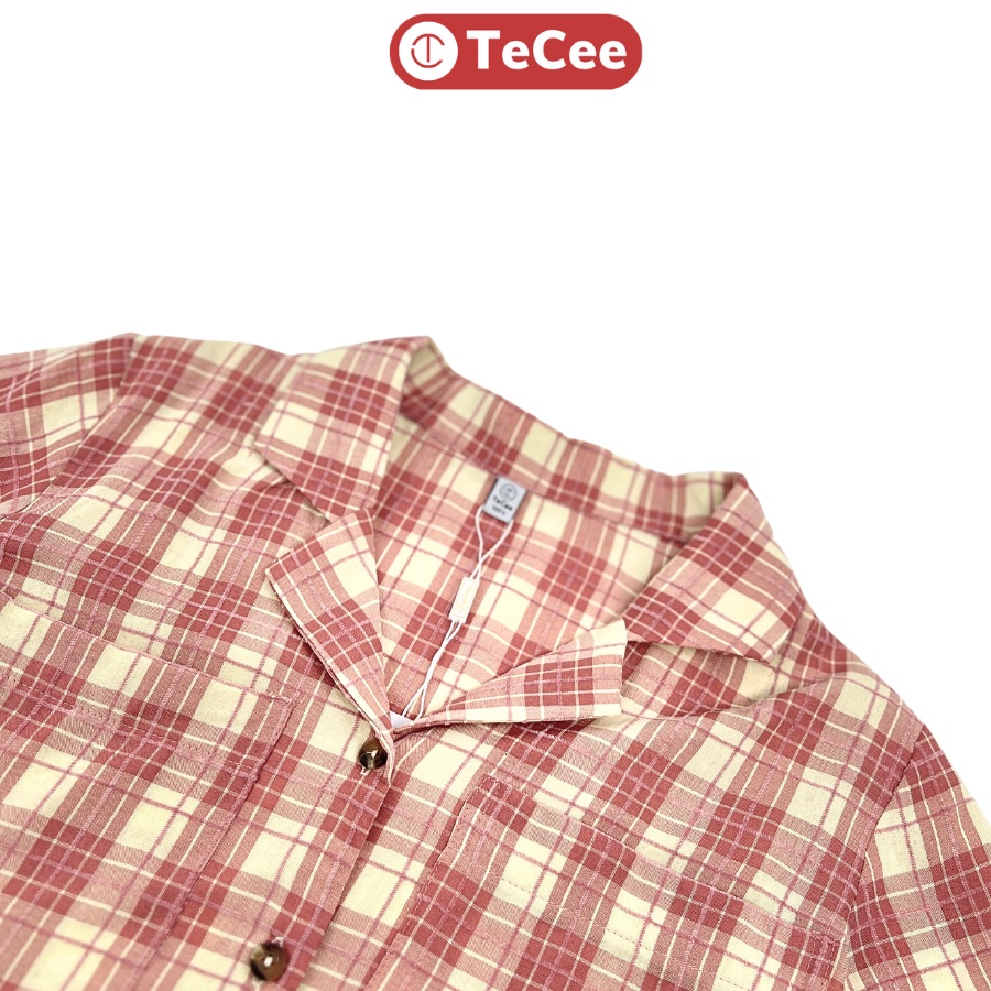 Áo vest nữ croptop hè TeCee áo sơ mi tay ngắn cổ vest kẻ caro dáng suông phối khuy vintage phong cách Hàn Quốc  A15