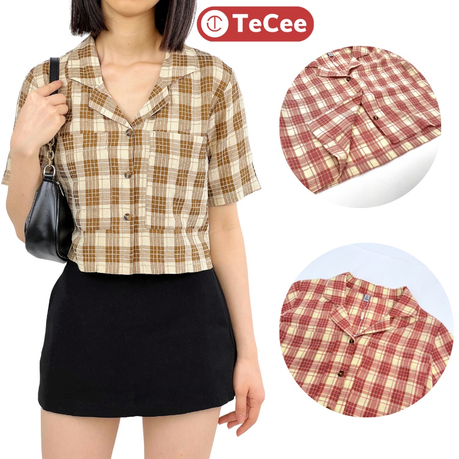 Áo vest nữ croptop hè TeCee áo sơ mi tay ngắn cổ vest kẻ caro dáng suông phối khuy vintage phong cách Hàn Quốc  A15