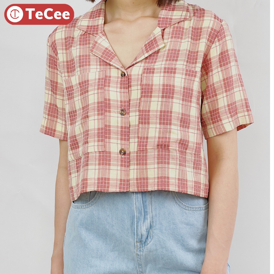 Áo vest nữ croptop hè TeCee áo sơ mi tay ngắn cổ vest kẻ caro dáng suông phối khuy vintage phong cách Hàn Quốc  A15