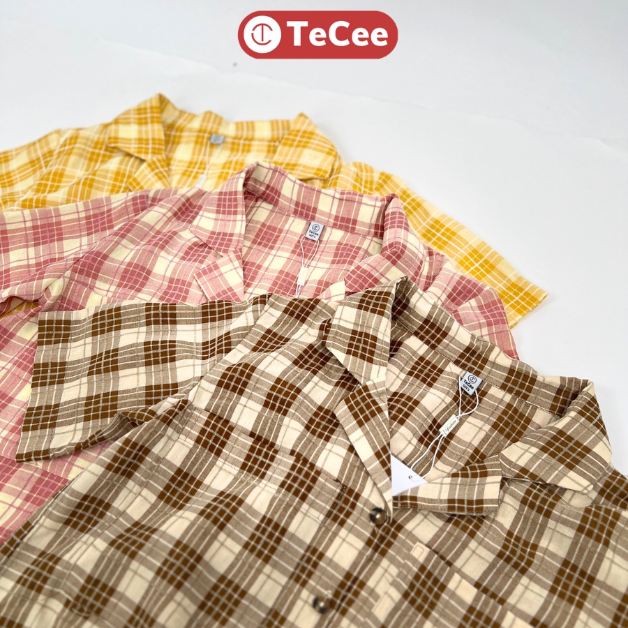 Áo vest nữ croptop hè TeCee áo sơ mi tay ngắn cổ vest kẻ caro dáng suông phối khuy vintage phong cách Hàn Quốc  A15
