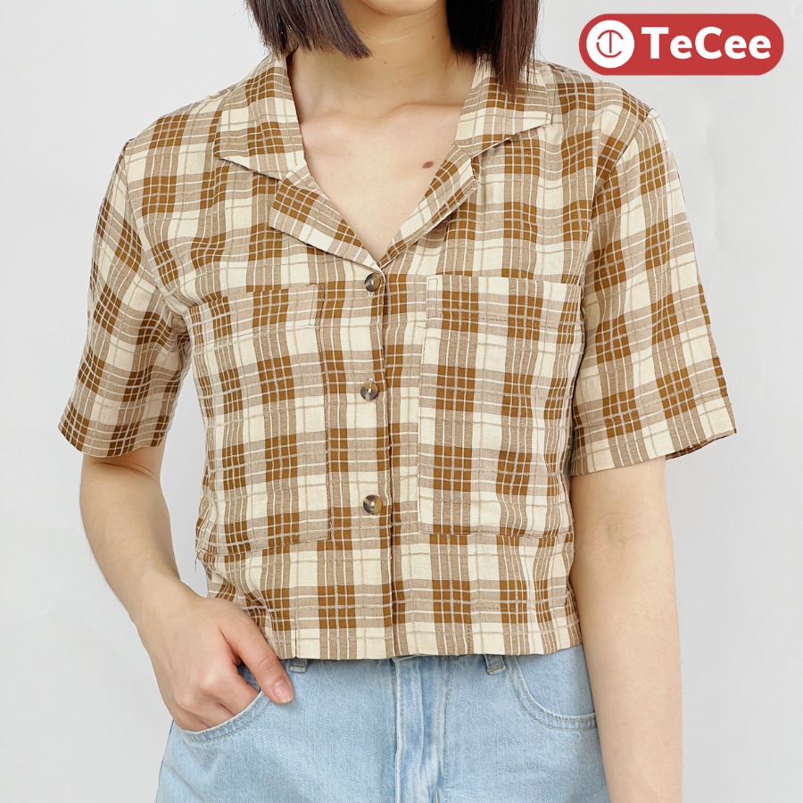 Áo vest nữ croptop hè TeCee áo sơ mi tay ngắn cổ vest kẻ caro dáng suông phối khuy vintage phong cách Hàn Quốc  A15