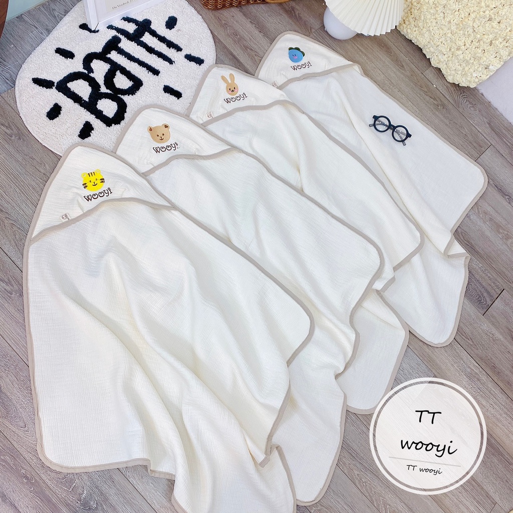 Chăn ủ cho bé Wooyi -  vải Organic Cotton Hàn có mũ che đầu