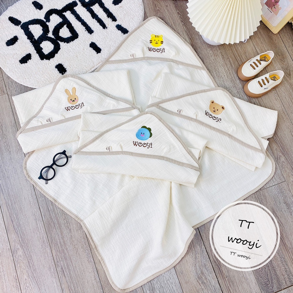 Chăn ủ cho bé Wooyi -  vải Organic Cotton Hàn có mũ che đầu