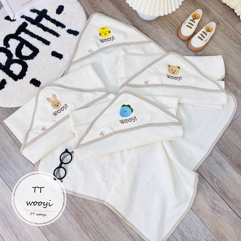 Chăn ủ cho bé Wooyi -  vải Organic Cotton Hàn có mũ che đầu