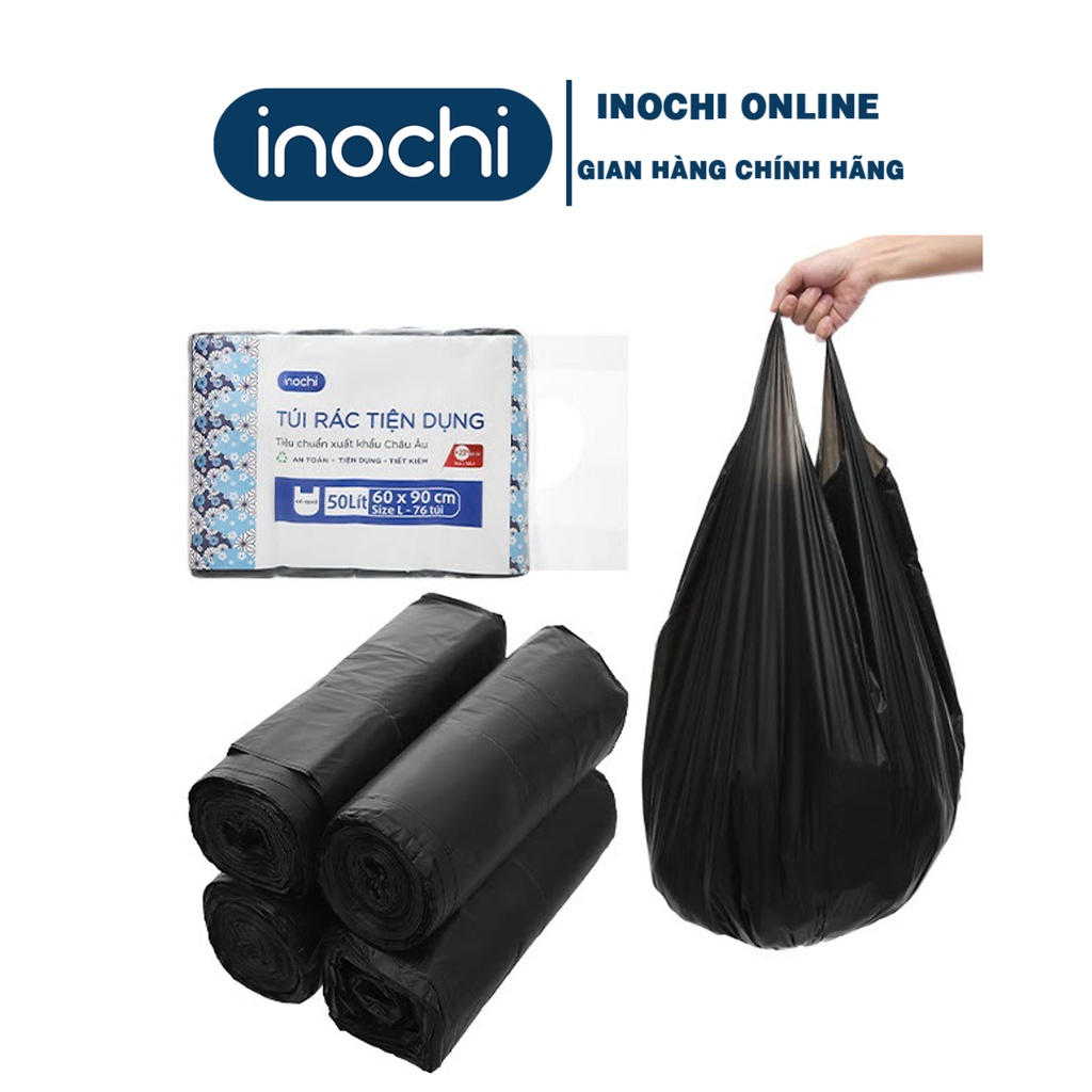 Lô 4 cuộn túi rác tiện dụng có quai Inochi 50L màu đen-tiêu chuẩn Nhật Bản