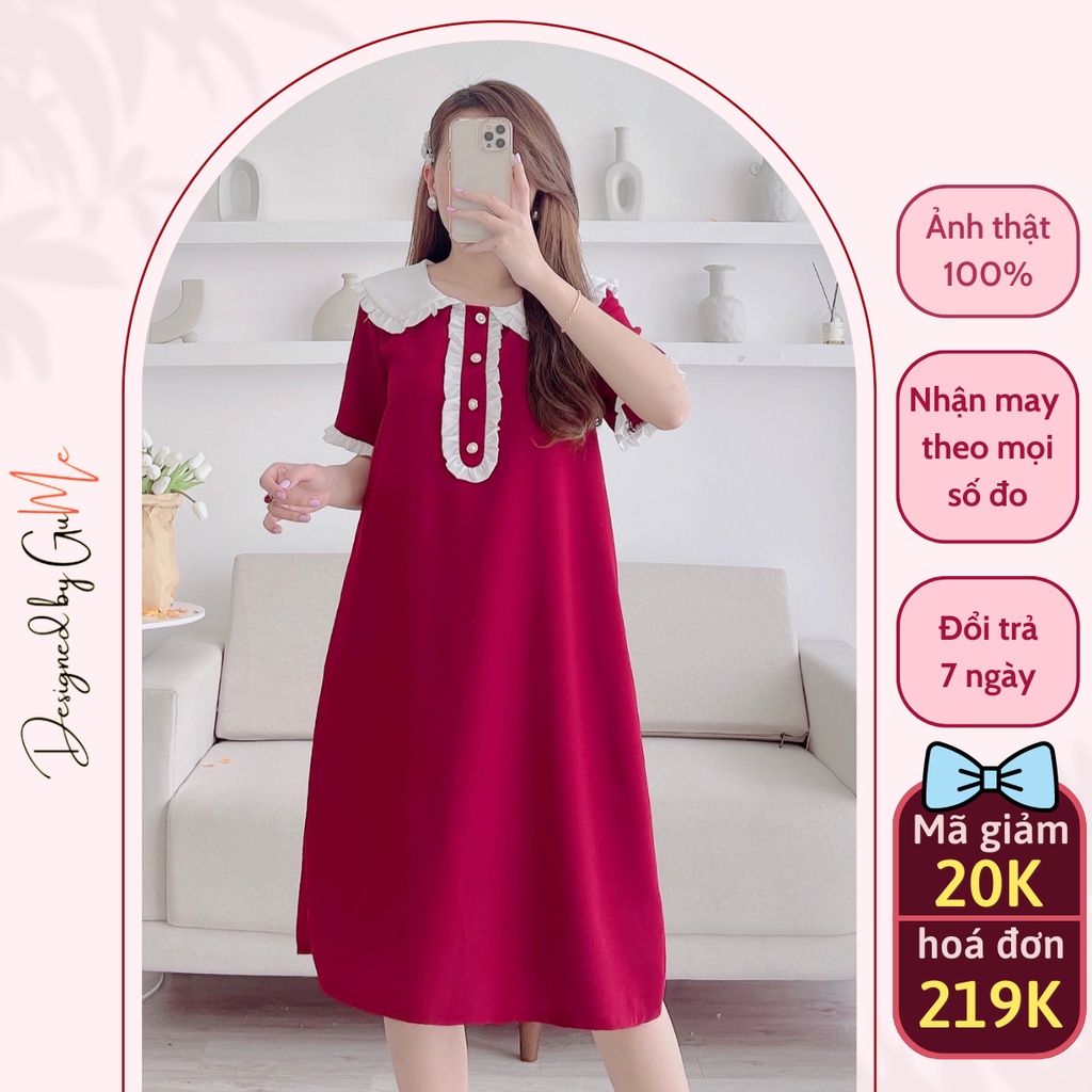 Váy bầu bigsize 40-100kg, Đầm bầu thiết kế GuMe dáng A suông, 2 màu đỏ,đen phối cổ trắng chất vải sạn lụa GM075