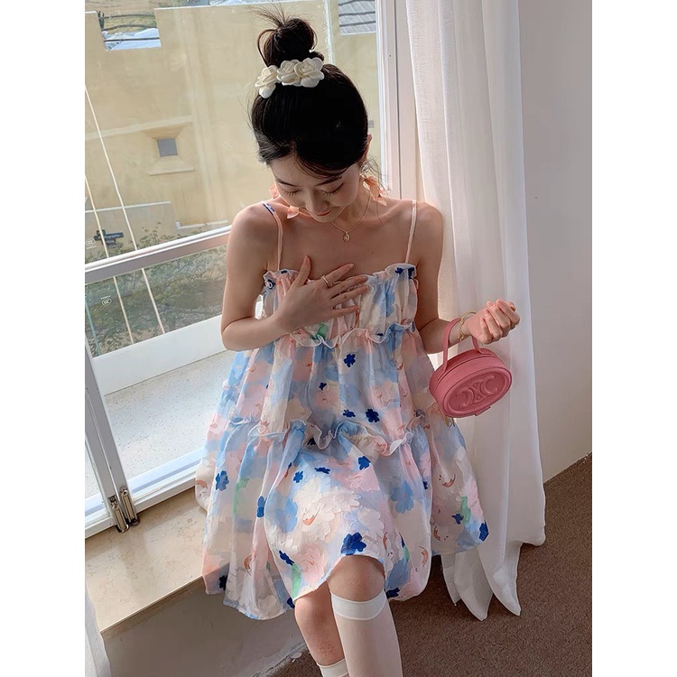 Váy hai dây babydoll xoè tầng hoạ tiết hoa dịu dàng dành cho nữ - 7shine
