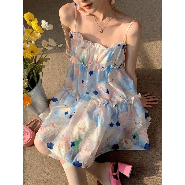 Váy hai dây babydoll xoè tầng hoạ tiết hoa dịu dàng dành cho nữ - 7shine