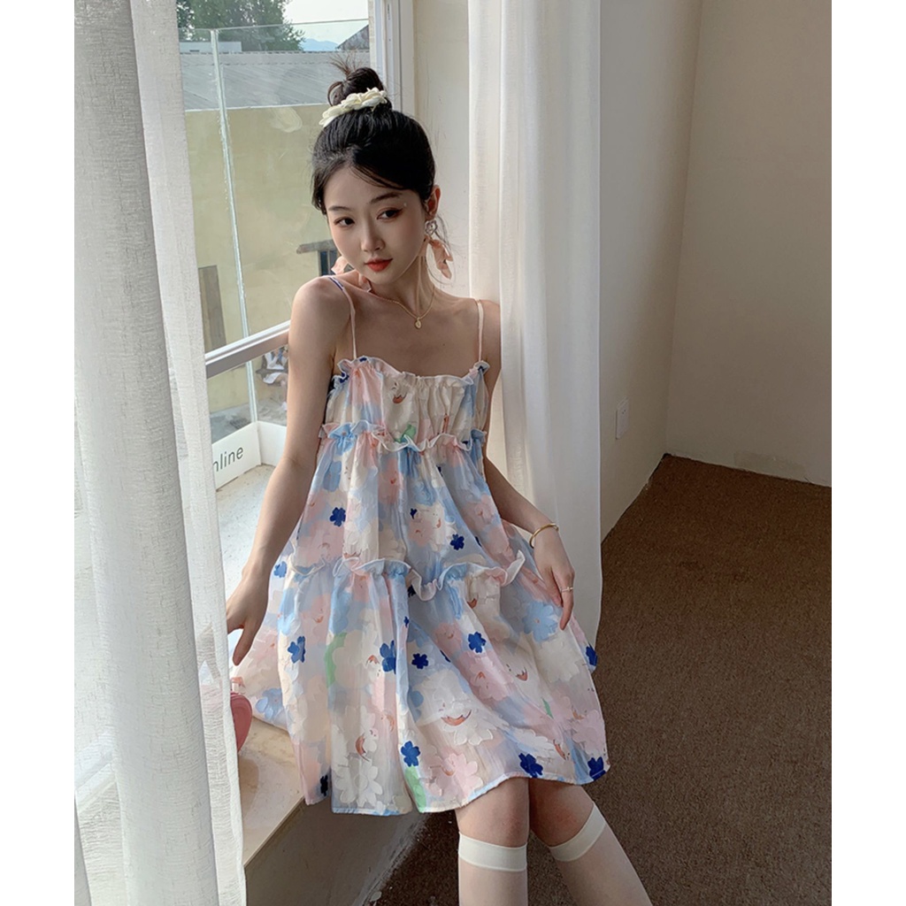 Váy hai dây babydoll xoè tầng hoạ tiết hoa dịu dàng dành cho nữ - 7shine