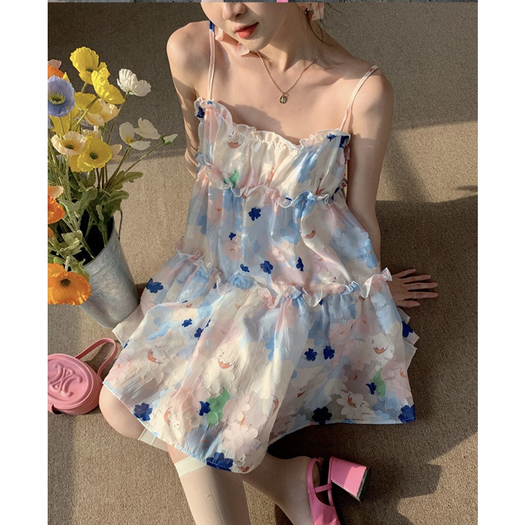 Váy hai dây babydoll xoè tầng hoạ tiết hoa dịu dàng dành cho nữ - 7shine