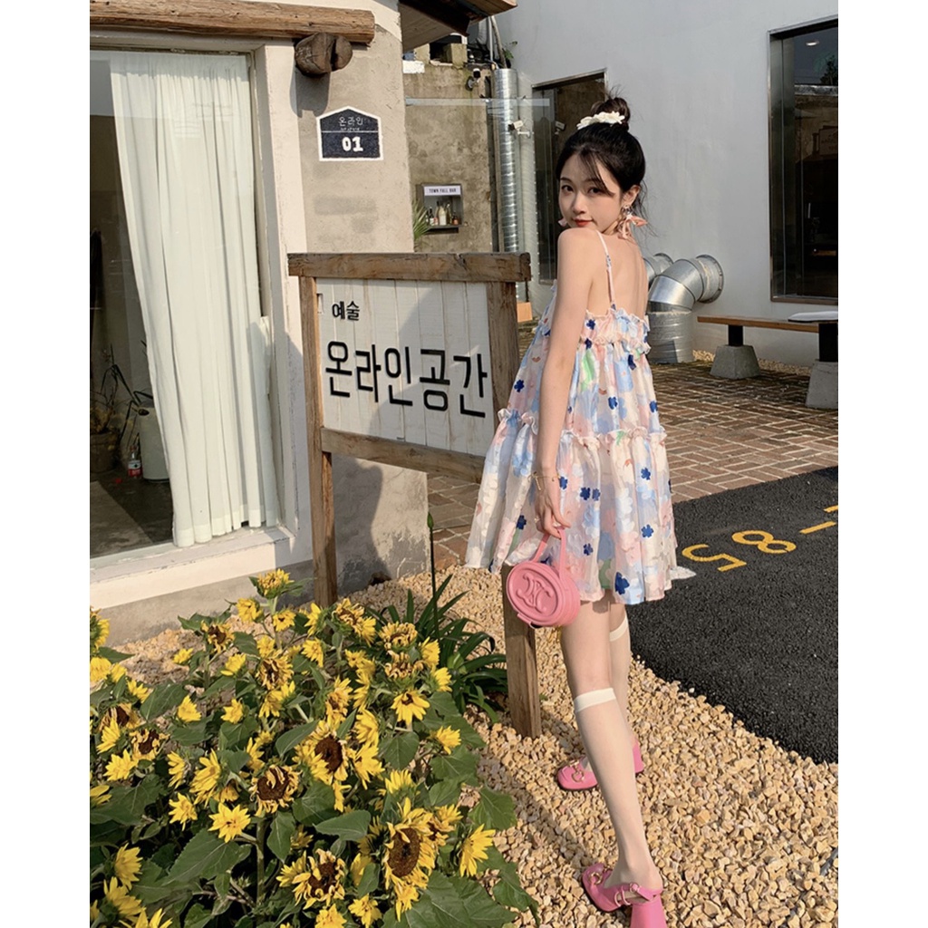 Váy hai dây babydoll xoè tầng hoạ tiết hoa dịu dàng dành cho nữ - 7shine