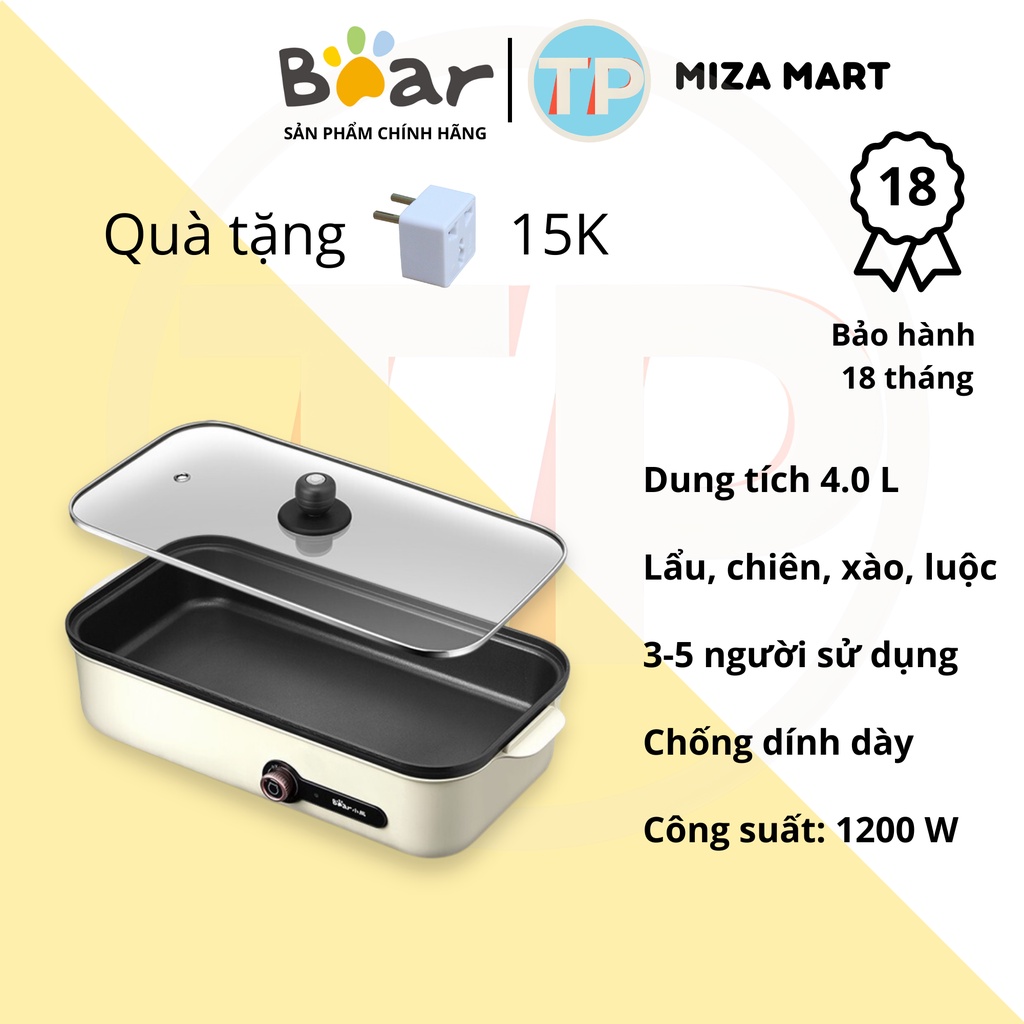 Nồi lẩu nướng đa năng chính hãng Bear DKL-C12A3, dung tích 4 lít, sử dụng để nấu lẩu, chiên, xào, nướng, độ bền cao