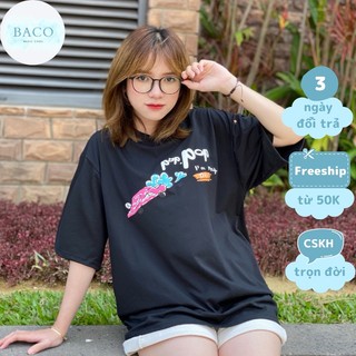 Áo thun nữ tay lỡ form rộng BACO, thun freesize in hình nổi siêu đẹp 3 màu - Đen
