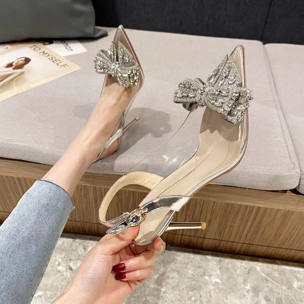 Giày Cao Gót Mũi Nhọn Quai Trong Suốt Đính Đá Pha Lê Thời Trang Mùa Hè 2022