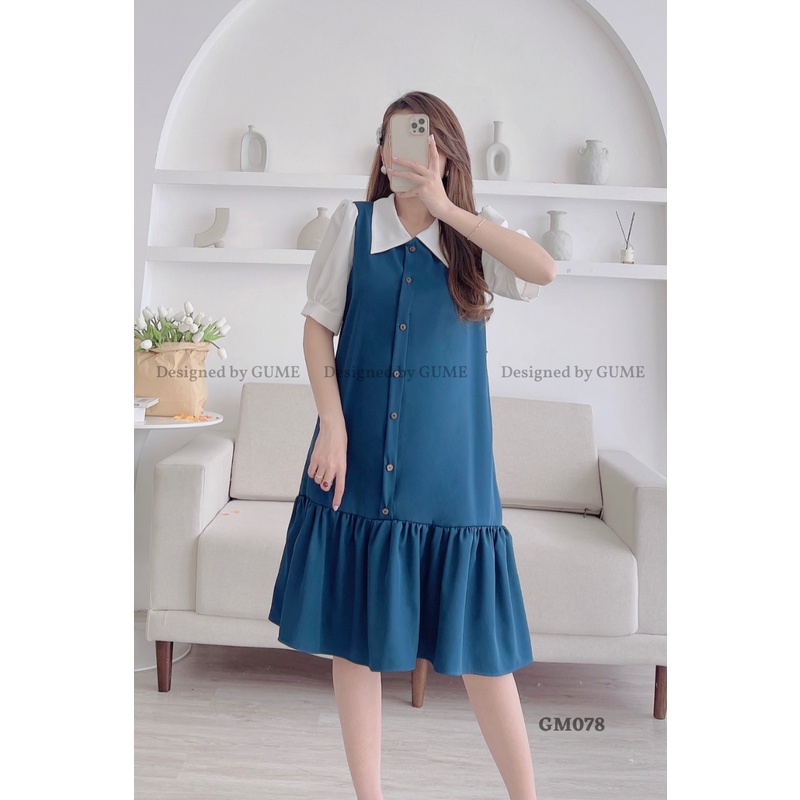 Váy bầu bigsize - Đầm bầu thiết kế GuMe 2 màu nâu , xanh dáng đuôi cá khuy dọc chất vải chéo hàn size tư 40-100kg GM078