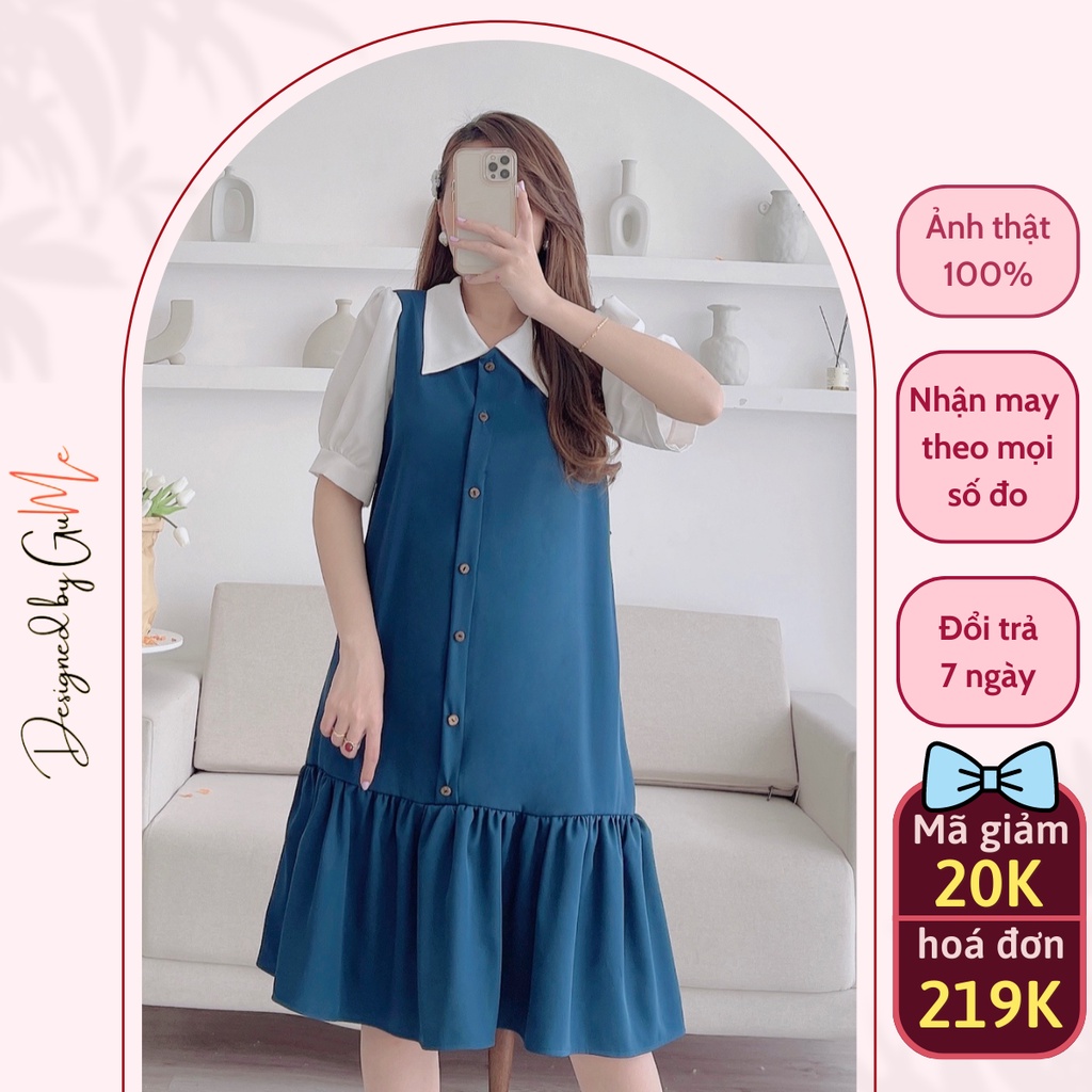 Váy bầu bigsize - Đầm bầu thiết kế GuMe 2 màu nâu , xanh dáng đuôi cá khuy dọc chất vải chéo hàn size tư 40-100kg GM078