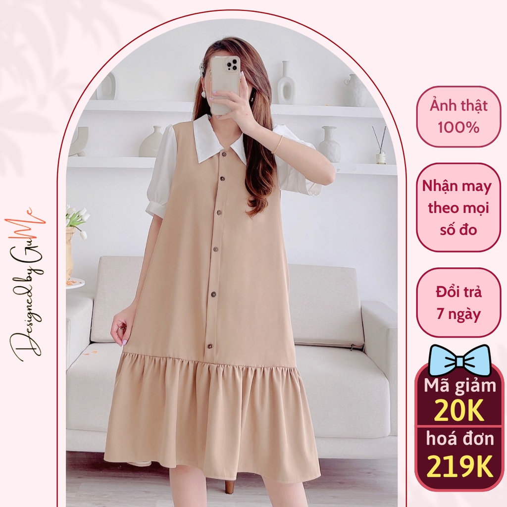 Váy bầu bigsize - Đầm bầu thiết kế GuMe 2 màu nâu , xanh dáng đuôi cá khuy dọc chất vải chéo hàn size tư 40-100kg GM078