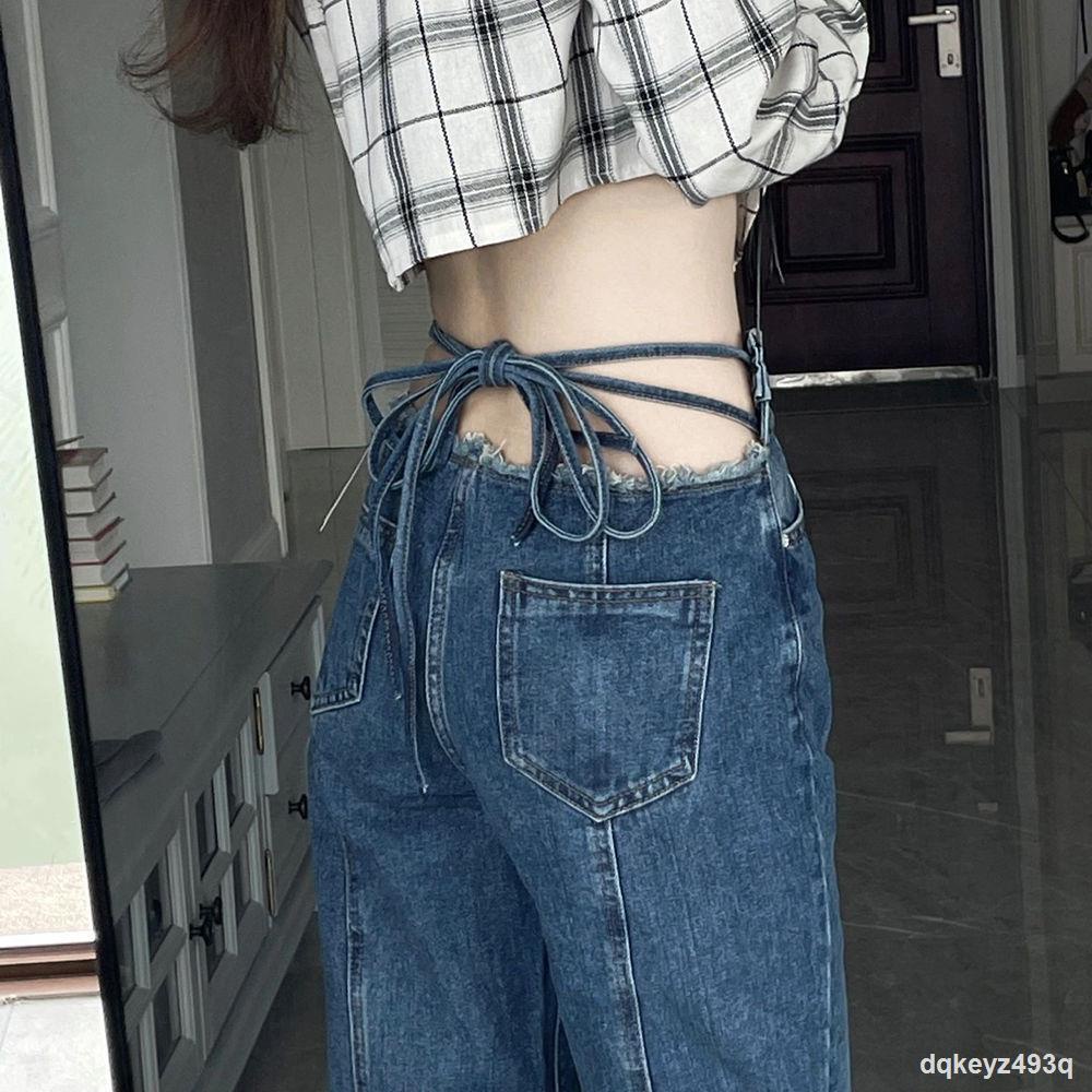🔥✈▥Quần jean cạp cao thẳng nữ mùa xuân mới hot girl thiết kế cà vạt cảm giác thích hợp ôm dáng quần ống rộng