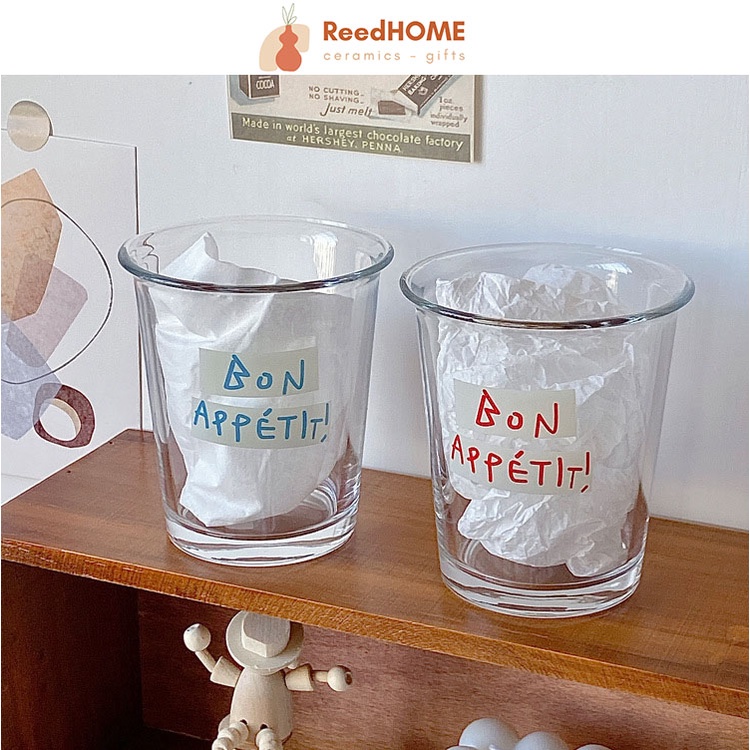 Cốc thủy tinh miệng loe lùn in chữ nổi Hàn Quốc, Ly thủy tinh decor chịu nhiệt