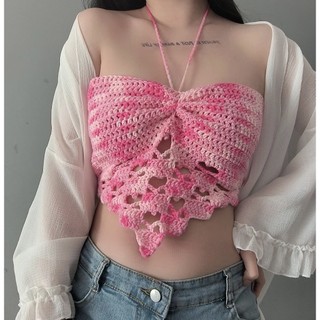 💎𝐀𝐌𝐎𝐑𝐌𝐈𝐎💎 Alzra Top | Áo croptop len rút dây ngực họa tiết trái tim nhiều màu hàng handmade - Áo len móc
