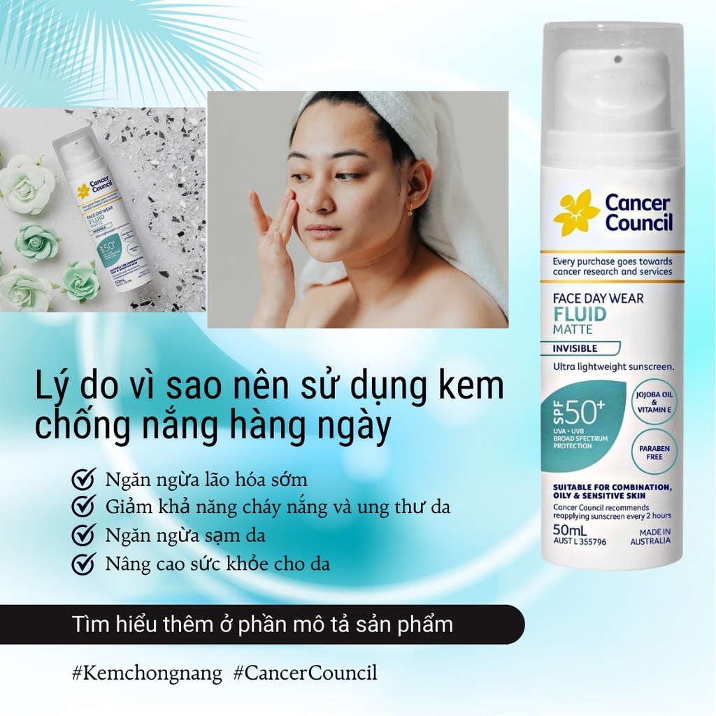 Sữa Chống Nắng Cancer Council Face Day Wear Fluid Matte SPF50+ 50ml, Lành Tính, Dành Cho Da Nhạy Cảm Và Mụn