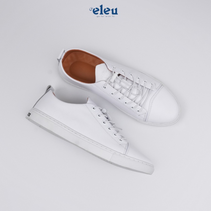 Giày Nam, Sneaker ELEU Da Bò Nappa Màu Trắng Đế Cao Su Kiểu Dáng Trơn Dây Rút