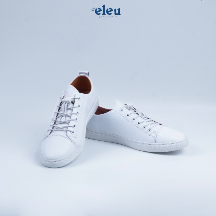 Giày Nam, Sneaker ELEU Da Bò Nappa Màu Trắng Đế Cao Su Kiểu Dáng Trơn Dây Rút