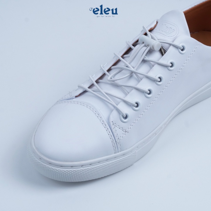 Giày Nam, Sneaker ELEU Da Bò Nappa Màu Trắng Đế Cao Su Kiểu Dáng Trơn Dây Rút