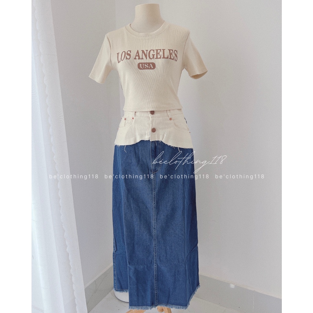 Set croptop pull chữ chân váy midi jean phối eo