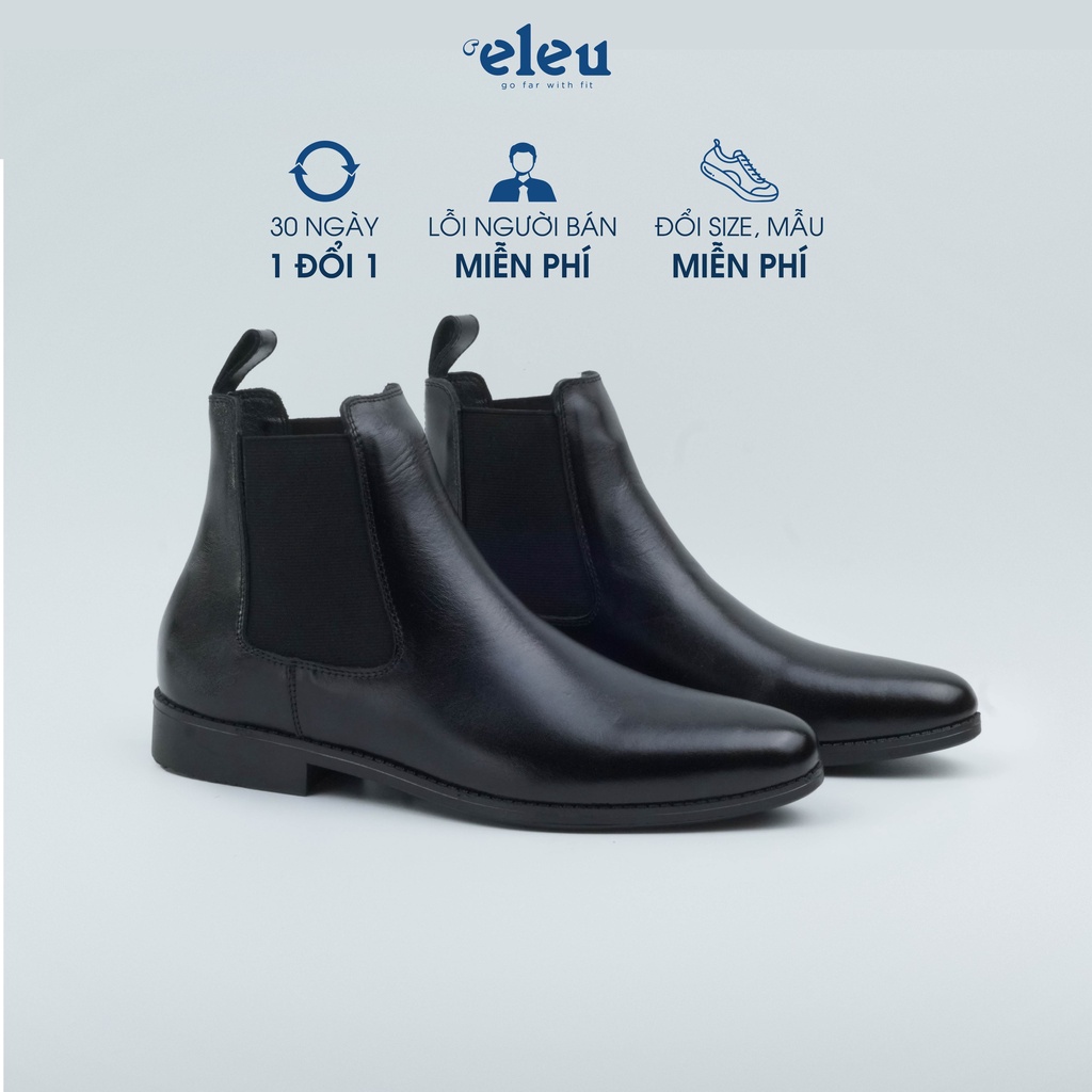 Giày Tây, Giày Bốt Chelsea Boots ELEU Màu Đen Cổ Vừa Chất Liệu Da Bò Nappa Đế Cao Su