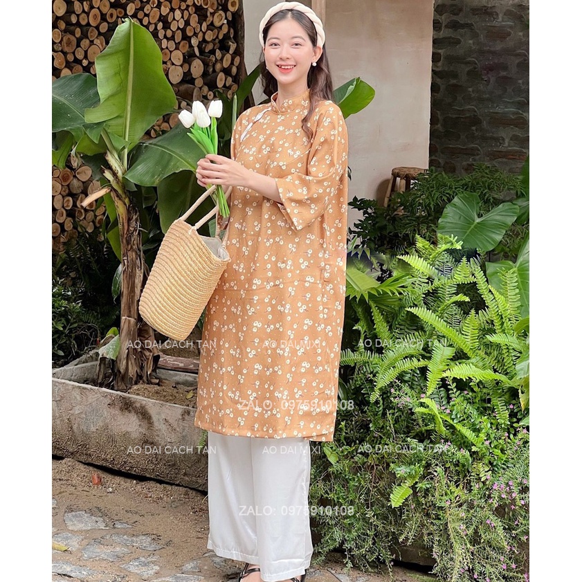 Áo dài cách tân dáng suông tay lỡ họa tiết hoa nhí lụa Hàng Châu cao cấp mềm mát, áo dài thắt nơ vai trẻ trung rất đẹp