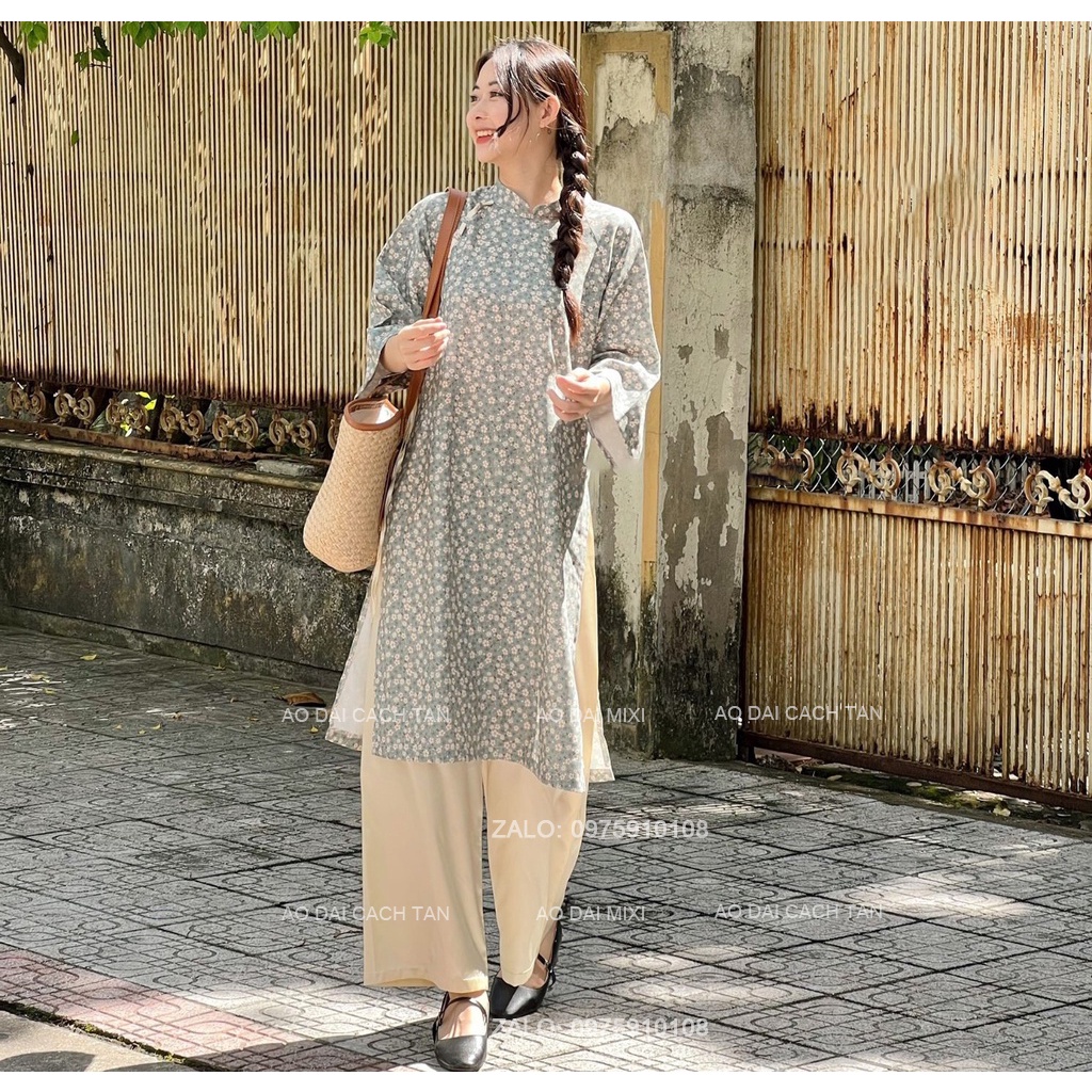 Áo dài cách tân dáng suông tay lỡ họa tiết hoa nhí lụa Hàng Châu cao cấp mềm mát, áo dài thắt nơ vai trẻ trung rất đẹp