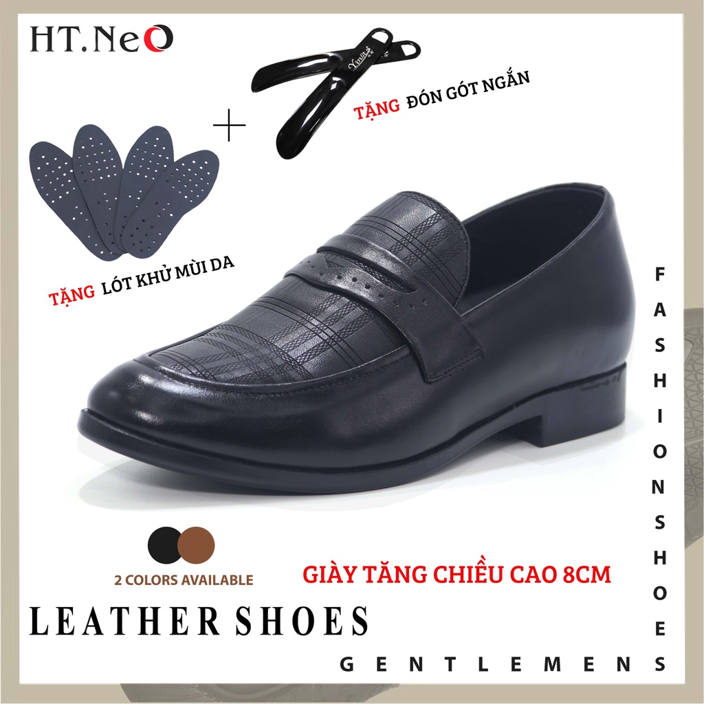 Giày tăng chiều cao 8cm HT.NeO , Giày lười nam da bò độn đế dập vân caro họa tiết sang trọng kiểu dáng hiện đại GLN99