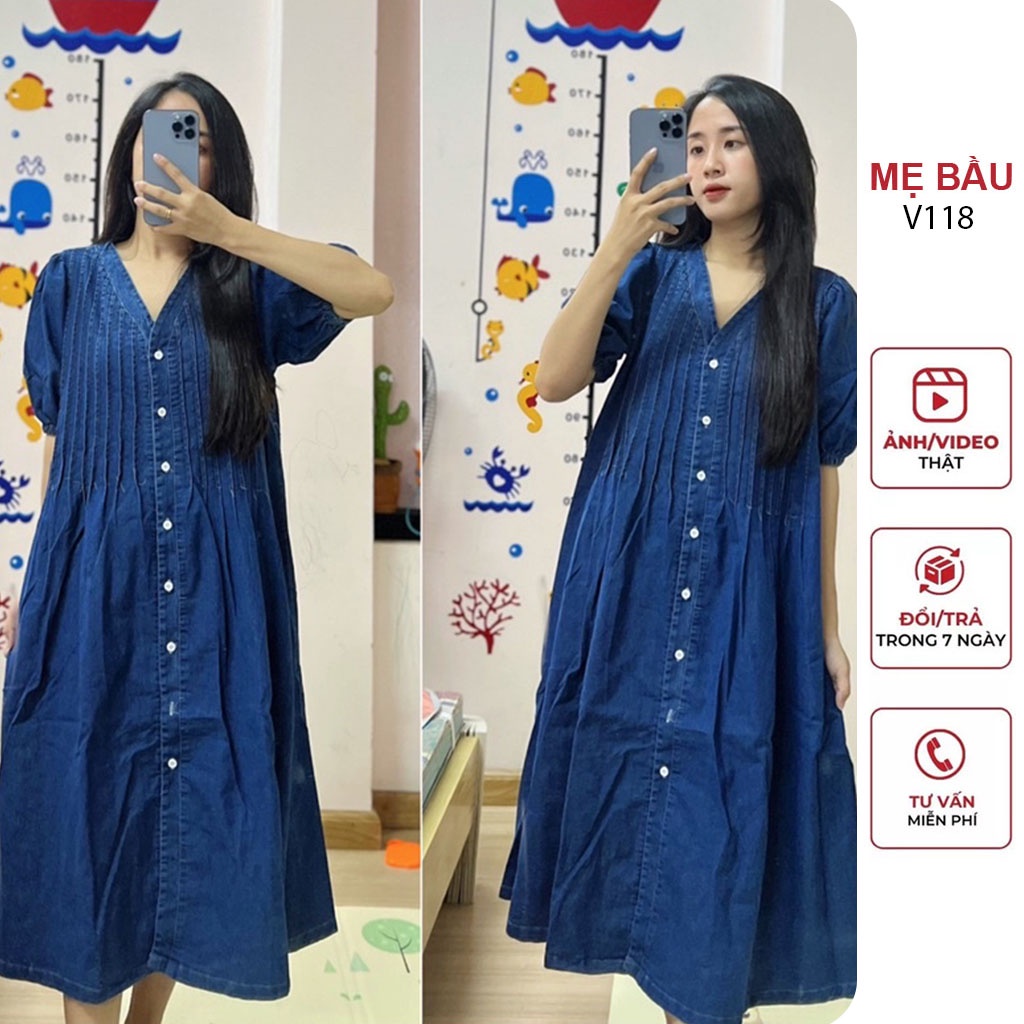 ĐẦM VÁY BẦU CÔNG SỞ MÙA HÈ CHẤT JEANS ĐẸP - ĐẦM BẦU BÒ DÁNG DÀI RỘNG CỔ V TAY PHỒNG SIÊU XINH FREESIZE