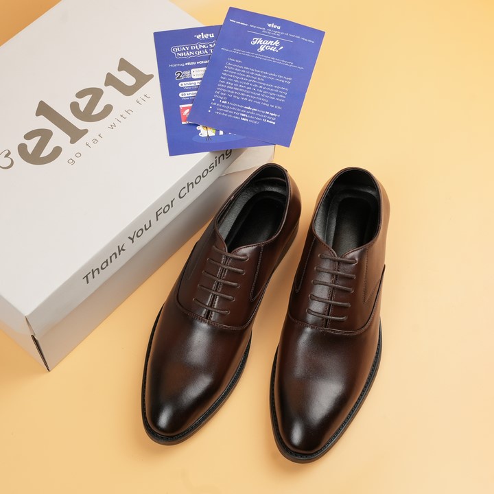 Giày Da, Giày Oxford ELEU Công Sở Chất Liệu Da Bò Nappa Màu Nâu Kiểu Dáng Trơn