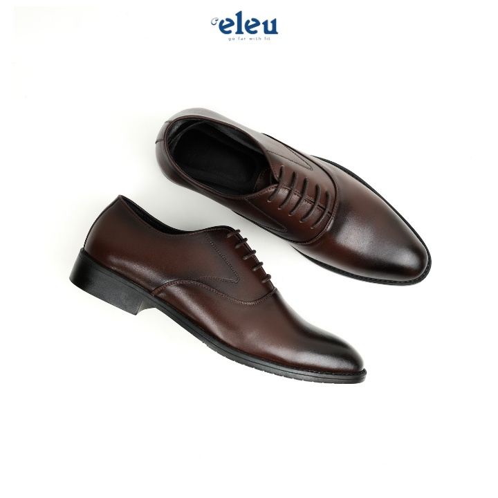 Giày Da, Giày Oxford ELEU Công Sở Chất Liệu Da Bò Nappa Màu Nâu Kiểu Dáng Trơn