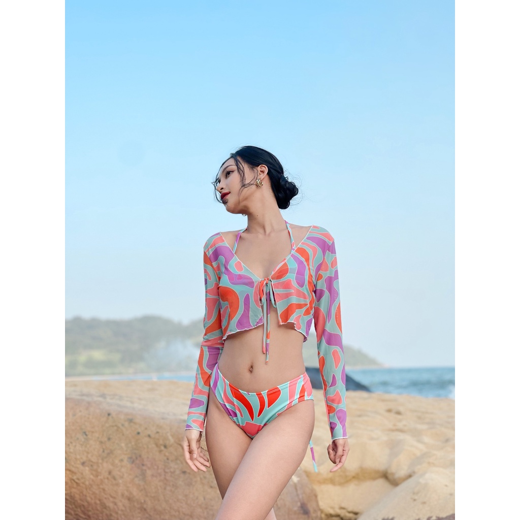 Set Bikini 3 Chi Tiết Phối Màu Độc Lạ Kèm Áo Khoác Lưới Cột - Đồ Bơi Đồ Đi Tắm Biển Hai Mảnh Thời Trang Sexy Quyến Rũ | BigBuy360 - bigbuy360.vn