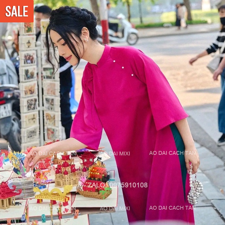 Áo dài cách tân dáng suông trẻ trung kèm nơ vai, chất lụa Ngọc.Trai cao cấp mềm mát mặc các sự kiện đẹp sang trọng