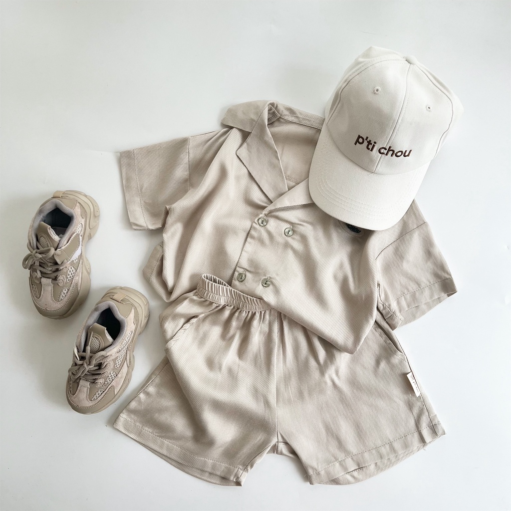 So Pti set Bộ bé trai cộc tay Mùa Hè chất liệu Linen lụa mềm P’ti Chou cho bé trai từ 1 đến 7 tuổi.
