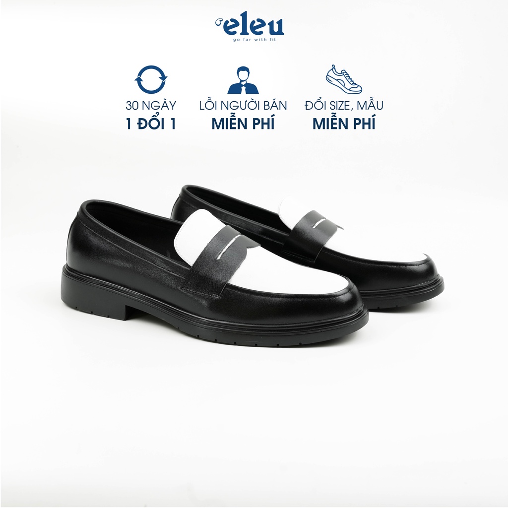 Giày Tây, Giày Lười Nam Loafer ELEU Mũi Màu Trắng Chất Liệu Da Bò Nappa Màu Đen Kiểu Dáng Hầm Hố