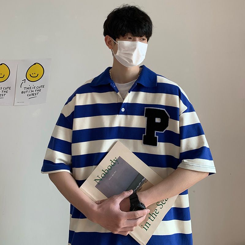 Áo polo Ngắn Tay Dáng Rộng Họa Tiết Kẻ Sọc Phong Cách Đường Phố Nhật Bản Thời Trang Mùa Hè Cho Nam