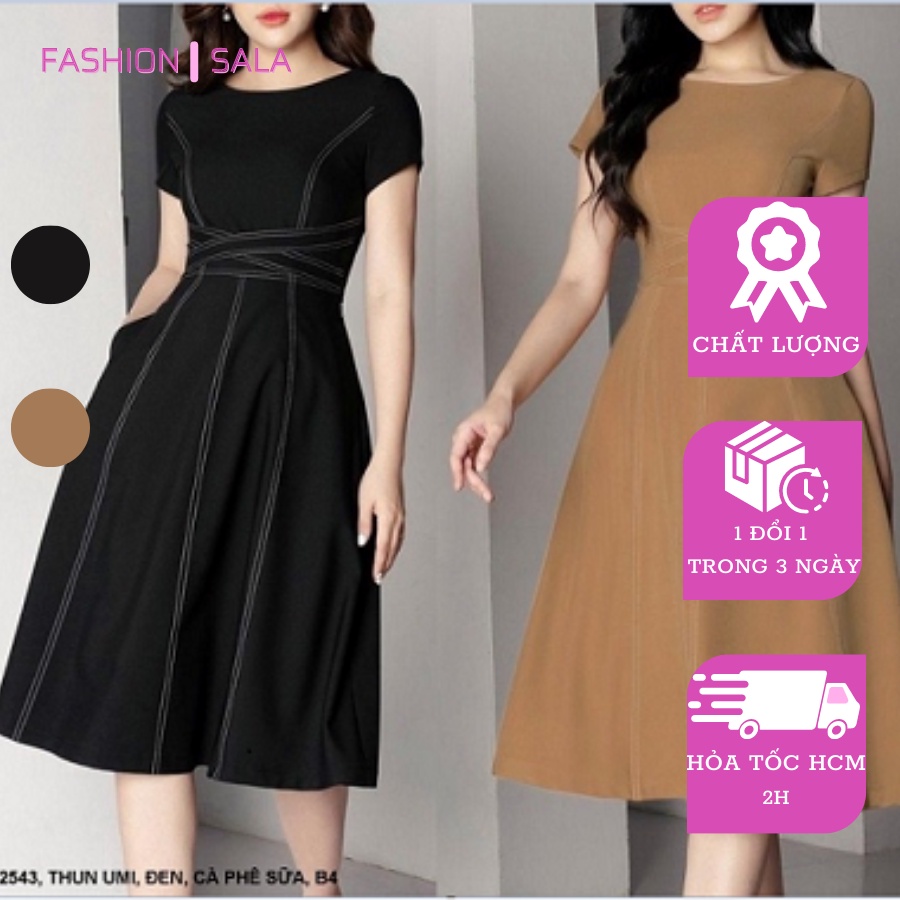 Đầm xèo công sở cổ tròn tay ngắn viền chỉ nổi thanh lịch