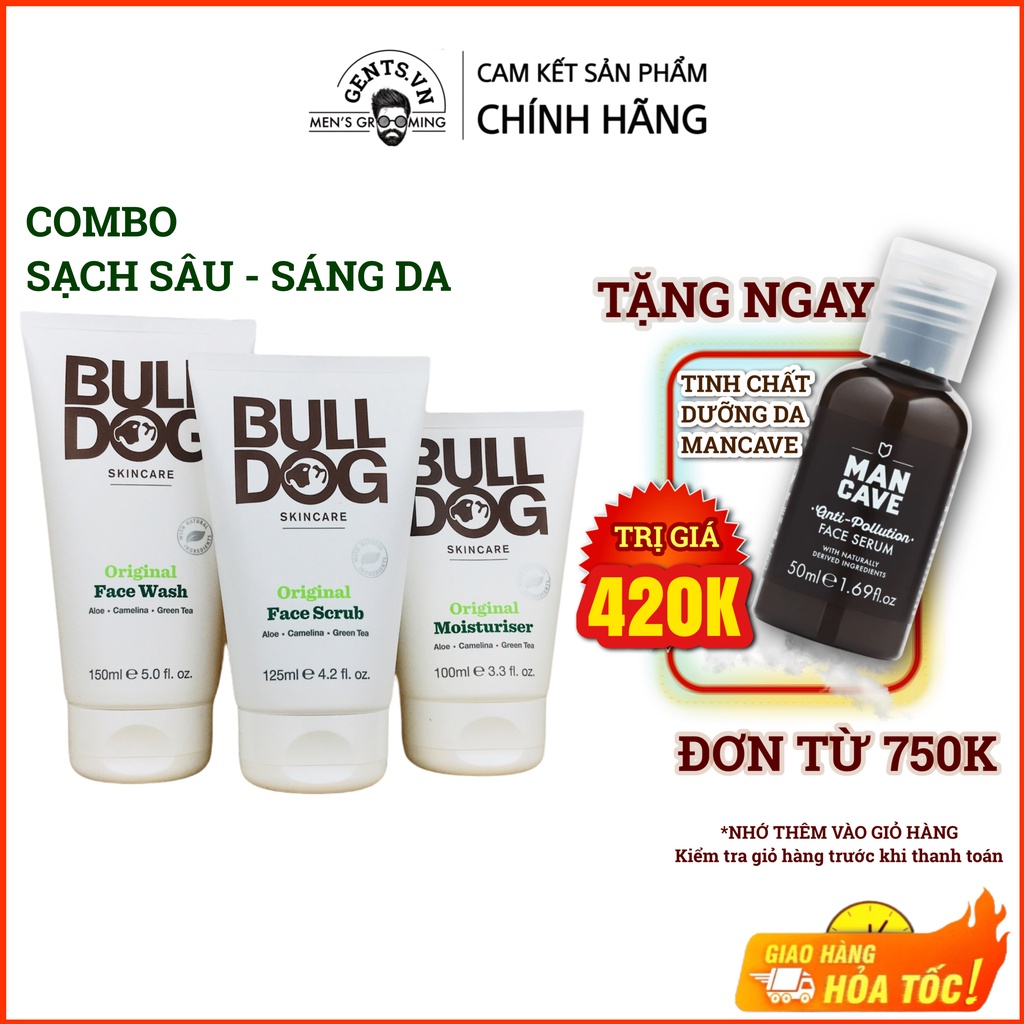 Combo sữa rửa mặt, tẩy tế bào chết và kem dưỡng ẩm da cho nam Bulldog Skincare Original Full Face Kit