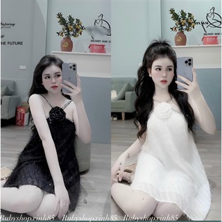 Đầm lông vũ phối dây kim tuyến cuốn bông cổ 2 màu cá tính