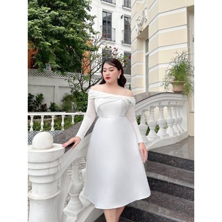 Đầm Bigsize Nữ Bẹt Vai Dài Tay 2 Dây Chất Tafta Phối Thun Tơ Hàn Xịn Sò Che Khuyết Điểm Cho Người Béo 50.90kg