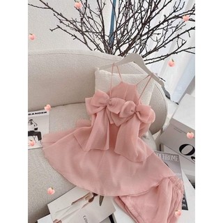 Set áo tơ organza đính nơ + short