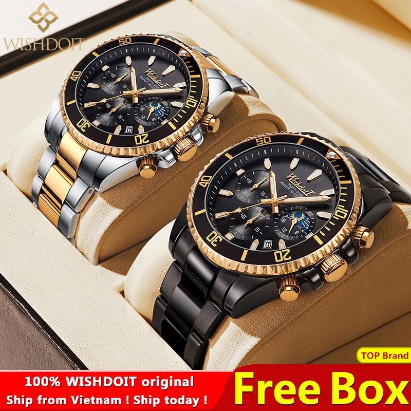 WISHDOIT Đồng hồ nam chống nước dây kim loại dây đeo cao su đồng hồ nam chính hãng fngeen cao cấp đồng hồ bấm
