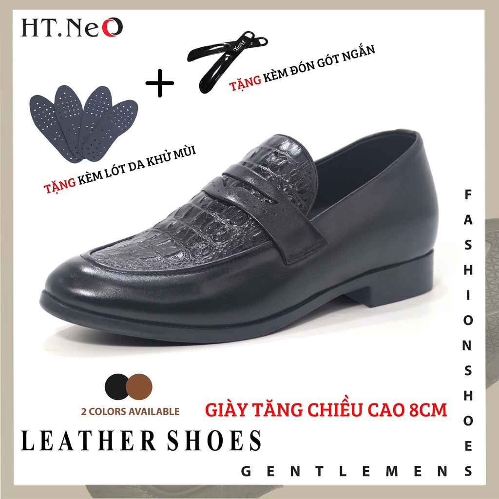 Giày tăng chiều cao 8cm HT.NeO ,Giày lười đế cao da bò dập vân cá sấu quai vắt ngang phong cách sang trọng hiện đại GL88