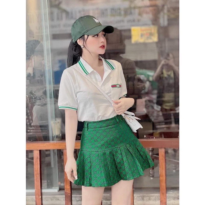 Sét áo polo mix chân váy thô xếp ly mặc cực tôn dáng